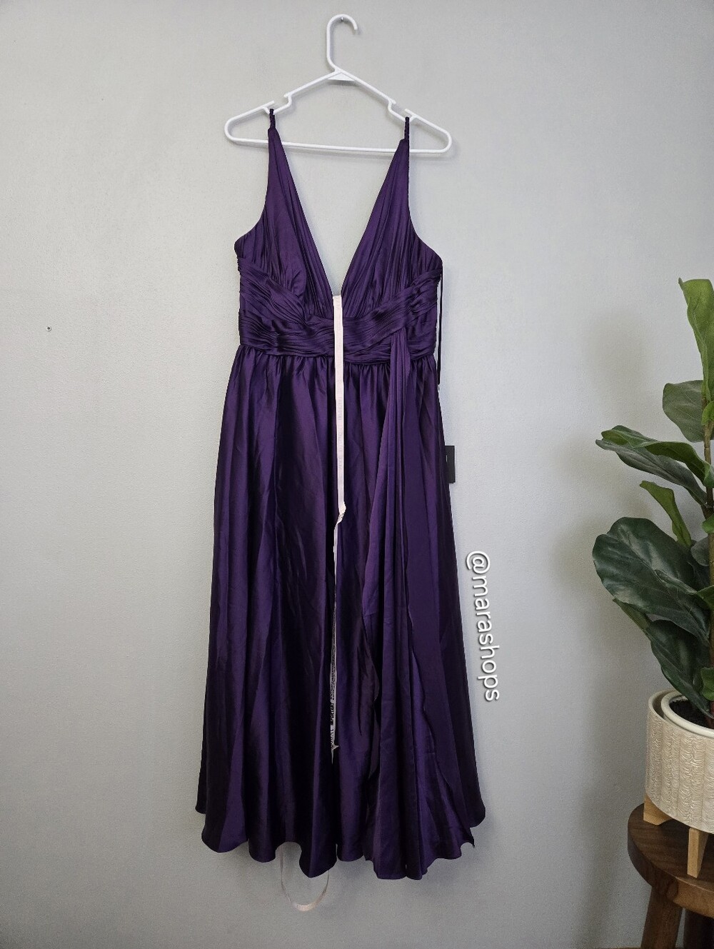 Ieena for Mac Duggal Purple Ruched Top Satin Pleated Tea Length Dress - Picture 3 of 11